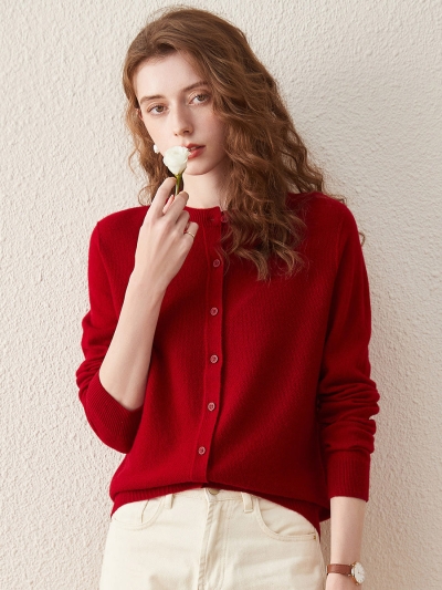 100% Wool Women's Round Neck Knit Cardigan