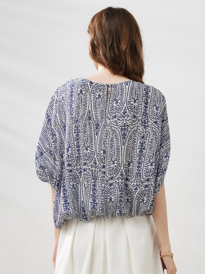 100% Mulberry Silk Women's Floral Printed Puff Sleeve Blouse