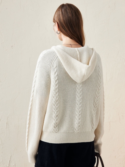 100% Wool Women's Cardigan Cable Knit Hoodie