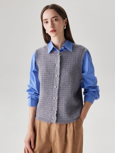 100% Wool Women's Button Down Frayed Hem Knit Vest