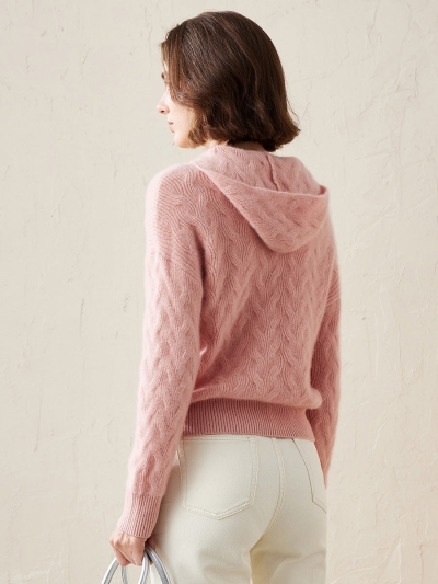 100% Cashmere Women's Cable Knit Hooded Sweater