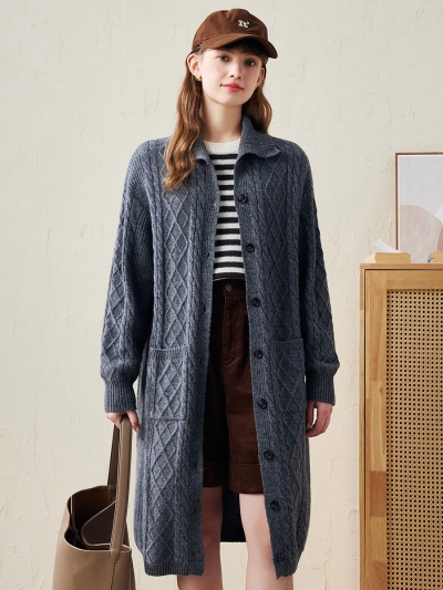 100% Wool Women's Cable Knit Long Front Button Coat