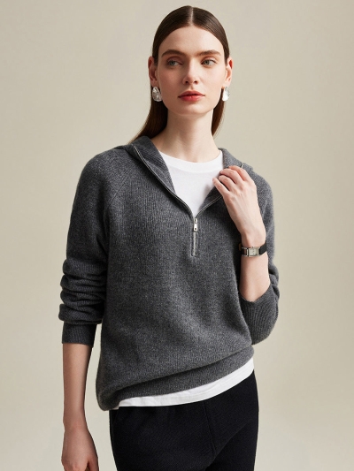 100% Cashmere Women's Zip-Up Ribbed Hoodie