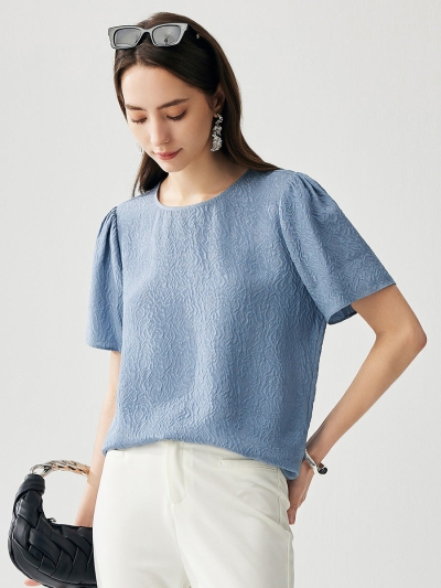 100% Mulberry Silk Women's Textured Puff Sleeve T-Shirt