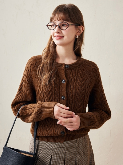 100% Wool Women's Cable Knit Button Cardigan
