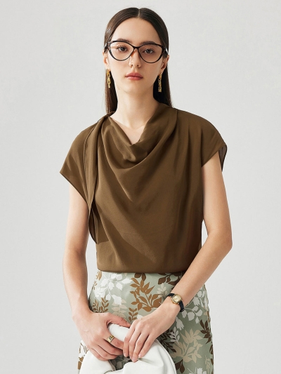 100% Mulberry Silk Women's Draped Cowl Neck Blouse