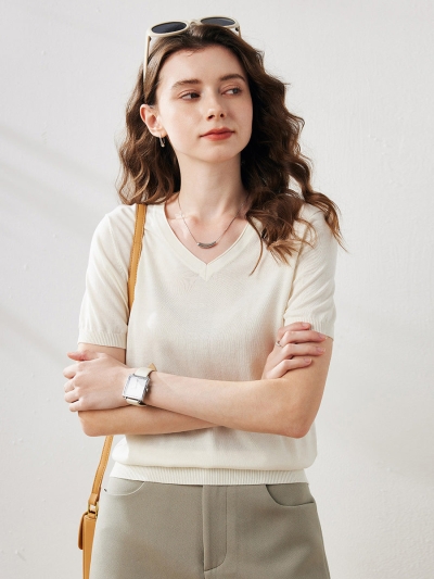 Women's Lyocell V-Neck Ribbed Knit T-Shirt