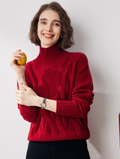 100% Cashmere Women's Turtleneck Cable Knit Sweater