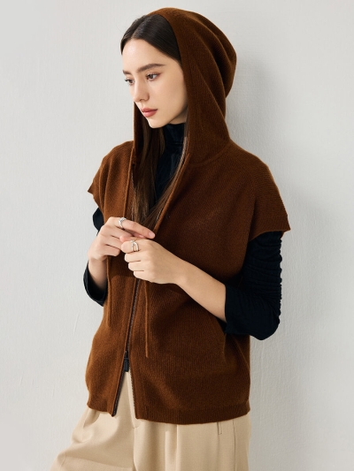 100% Cashmere Women's Hooded Double-Head Zipper Vest