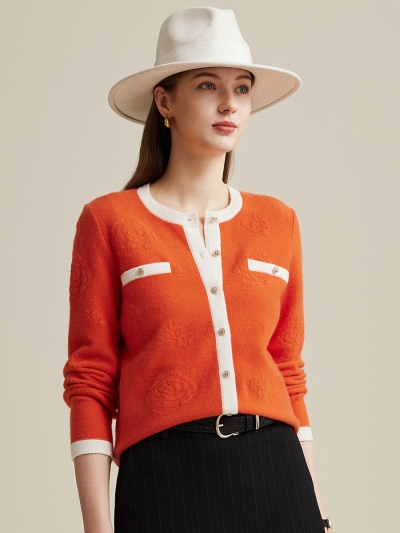 100% Wool Women's Contrast Trim Floral Embroidery Cardigan