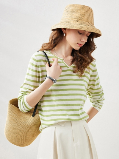 Women's Striped Long Sleeve V-Neck T-Shirt