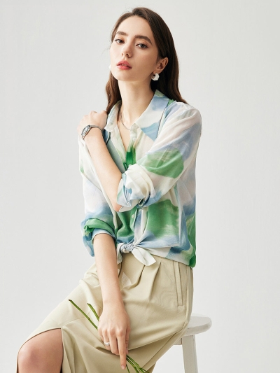 100% Mulberry Silk Women's Watercolor Print Shirt