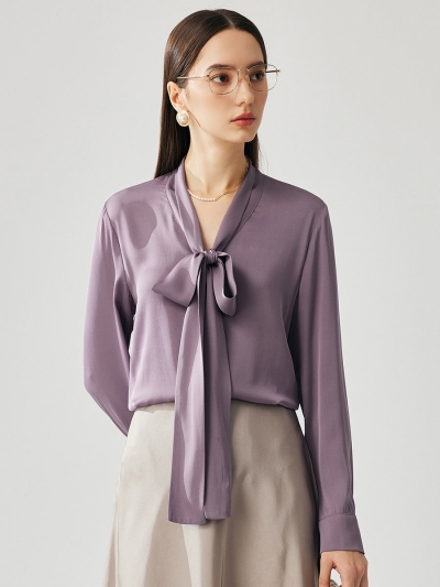 Women's Silk Chic Button Cuffs Tie-Neck Blouse