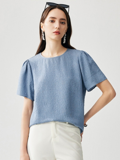 100% Mulberry Silk Women's Textured Puff Sleeve T-Shirt