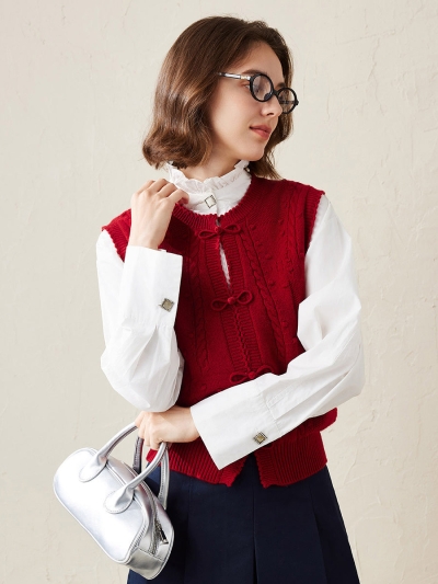 100% Cashmere Women's Bow Detailing Cable Knit Vest