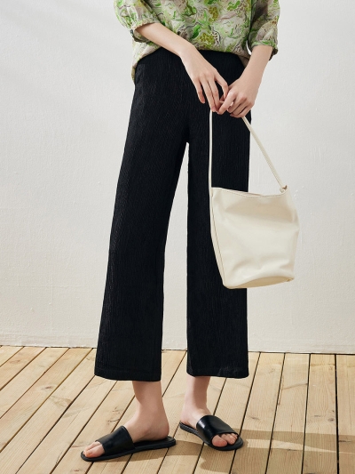 Women's Elastic Waistband Crinkled Wide Leg Pants