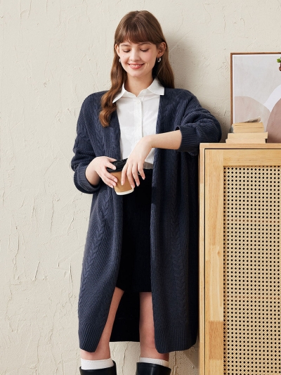 100% Wool Women's Cozy Cable Knit Long Coat
