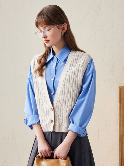 100% Wool Women's Cable Knit Button-Front Vest