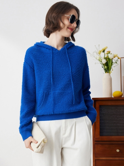 100% Cashmere Women's Textured Knit Pocket Hoodie
