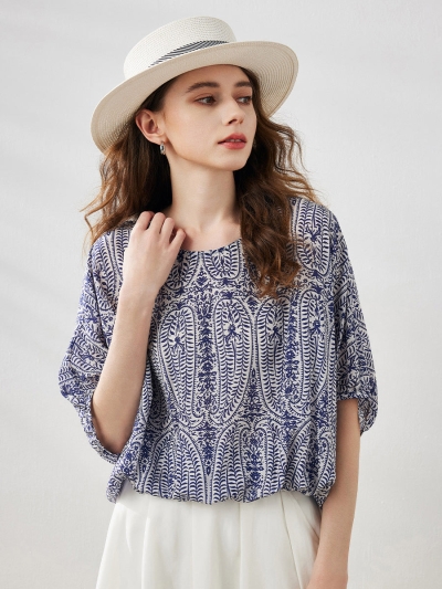 100% Mulberry Silk Women's Floral Printed Puff Sleeve Blouse