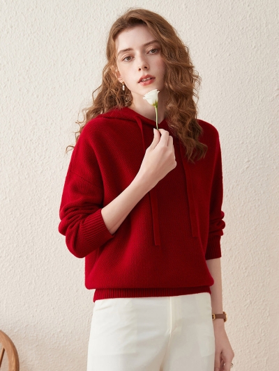 100% Wool Women's Sweater Casual Knit Hoodie