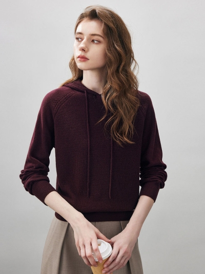 100% Wool Women's Ribbed Hem Adjustable Hoodie