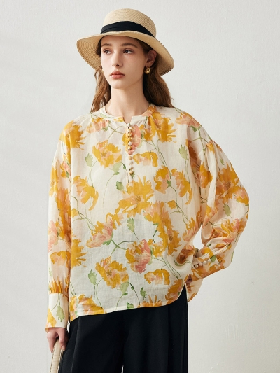 100% Ramie Women's Floral Button Blouse