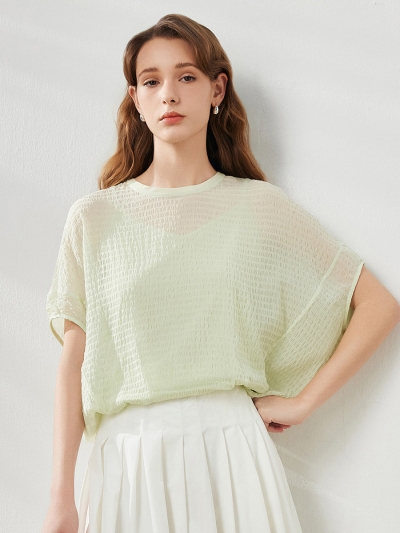 Women's Crinkle Textured Blouse with Button Closure