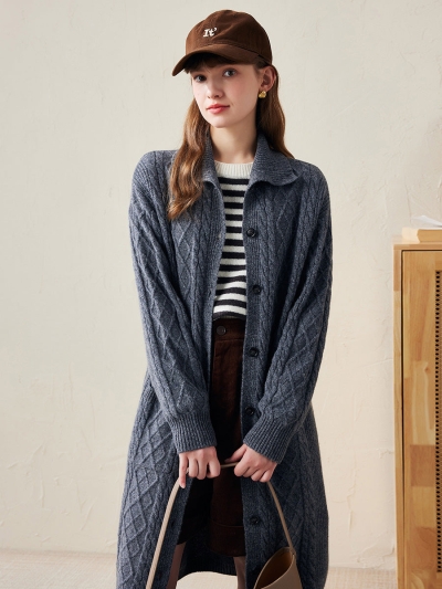 100% Wool Women's Cable Knit Long Front Button Coat