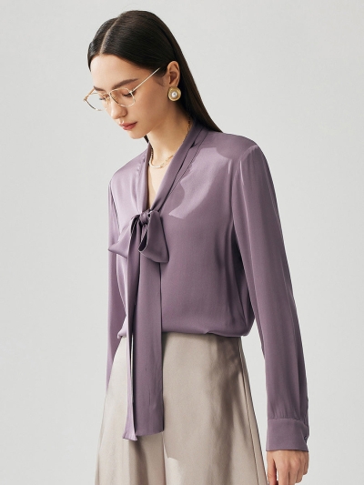 Women's Silk Chic Button Cuffs Tie-Neck Blouse