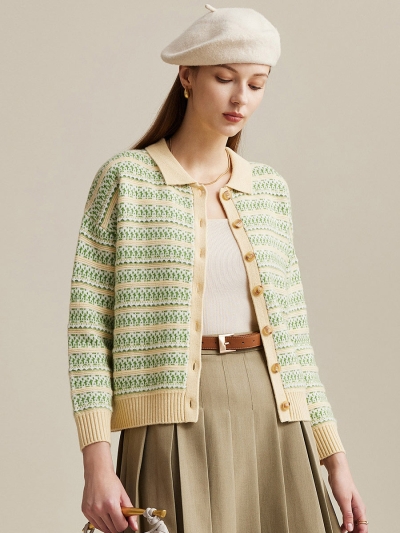 100% Wool Women's Vintage Inspired Striped Knit Cardigan