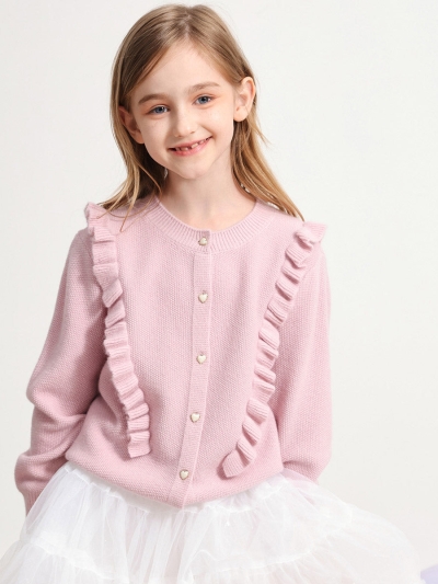 100% Wool Kids' Round Neck Heart Button Cardigan