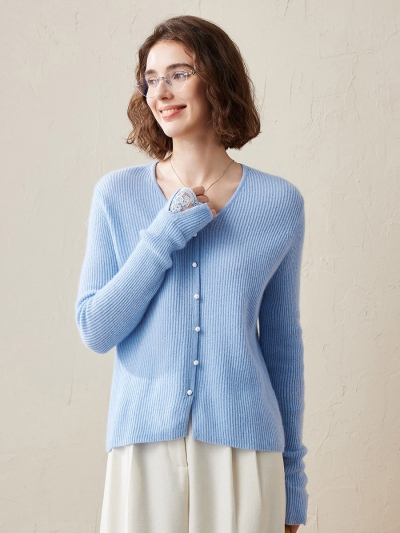 100% Cashmere Women's Faux Button Sweater with Lace Cuff