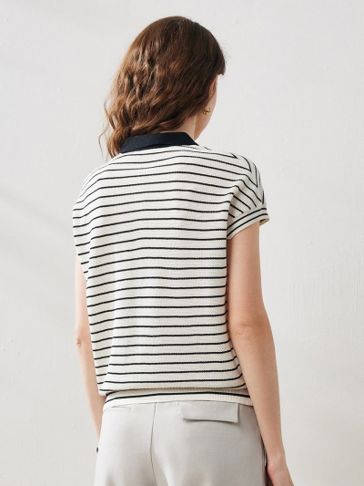 Women's Cotton Silk Striped Knit Polo Shirt