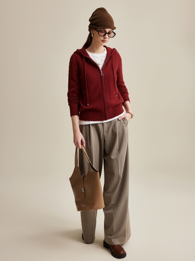 100% Wool Women's Cable Knit Zip Cardigan Hoodie