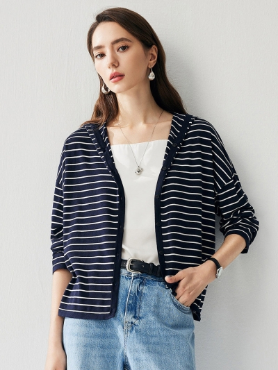 Women's Striped Button Hooded Cardigan