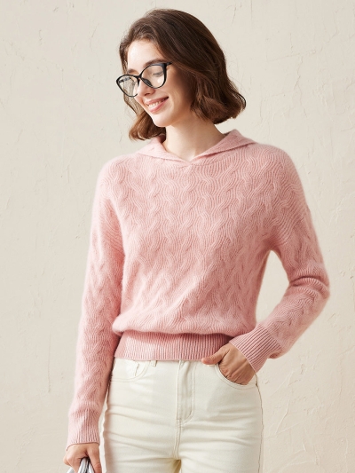 100% Cashmere Women's Cable Knit Hooded Sweater