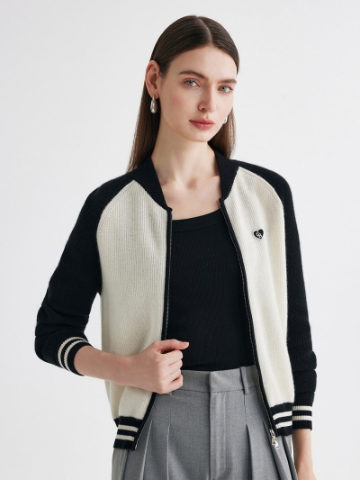 100% Cashmere Women's Color Block Knit Baseball Jacket