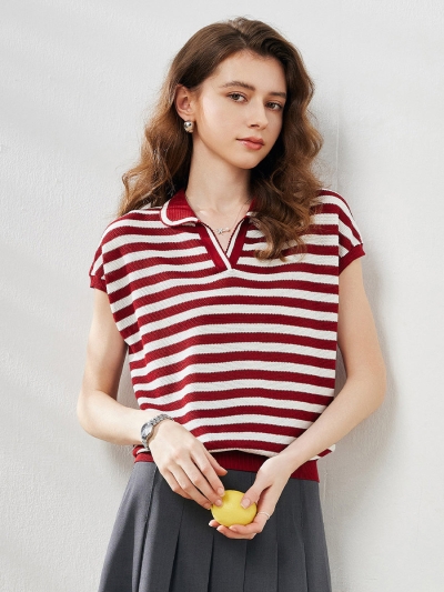Women's Striped Polo Knit T-Shirt
