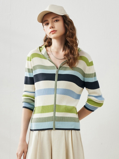 Women's Versatile Striped Zip-Up Hoodie Cardigan