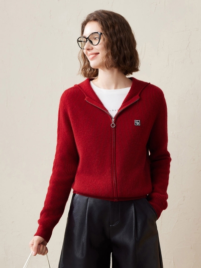 100% Cashmere Women's Ribbed Zip Knit Cardigan Hoodie