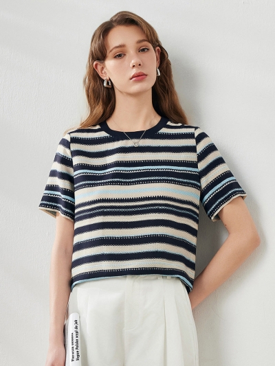 Women's Striped Woven Ribbed T-Shirt