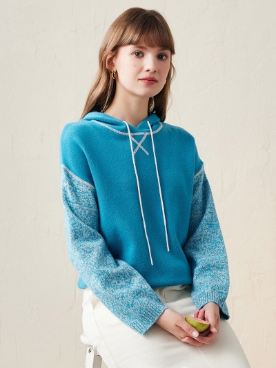 100% Wool Women's Two Tone Patterned Sleeve Hoodie Sweater
