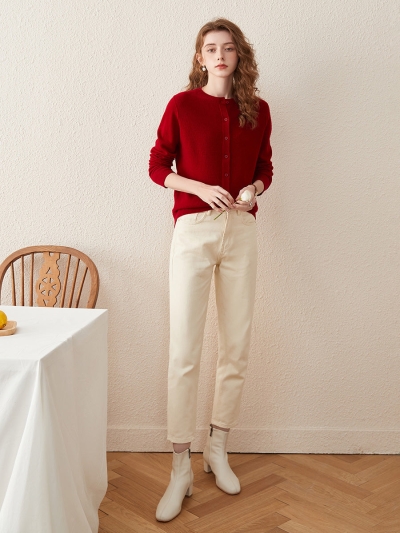 100% Wool Women's Round Neck Knit Cardigan