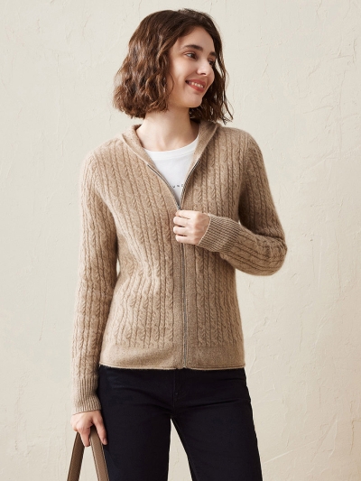 100% Cashmere Women's Cardigan Cable Knit Hoodie