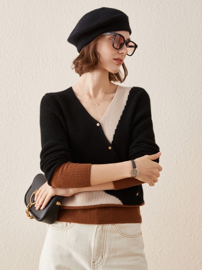 100% Cashmere Women's V-Neck Color Block Faux Sweater